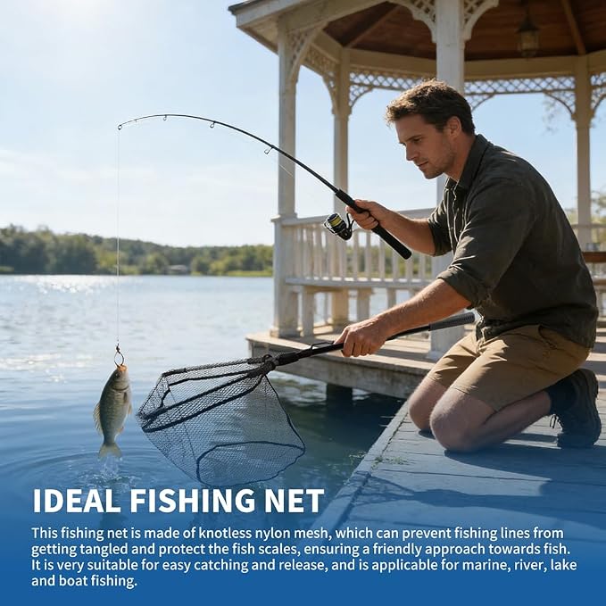 Floating Fishing Net with Telescoping Pole Handle 17-27 inch, Collapsible Fish Landing Net for Easy Transport & Storage,Ultralight Long Fish Net,Freshwater,Saltwater Fishing Gear