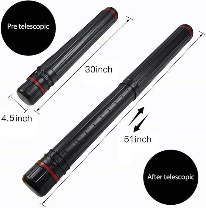DEWEL 2Pcs Poster Tube Extends from 30" to 51", Waterproof Telescoping Plastic Art Tube for Poster Art Document Blueprint Fishing Rod, Light Resistant with Carrying Strap(Black XL Size)