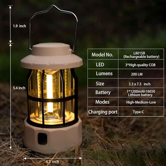Adjustable Waterproof Rechargeable Camping Lantern, Emergency Light, Fishing, Adventures, Power Outages, Black