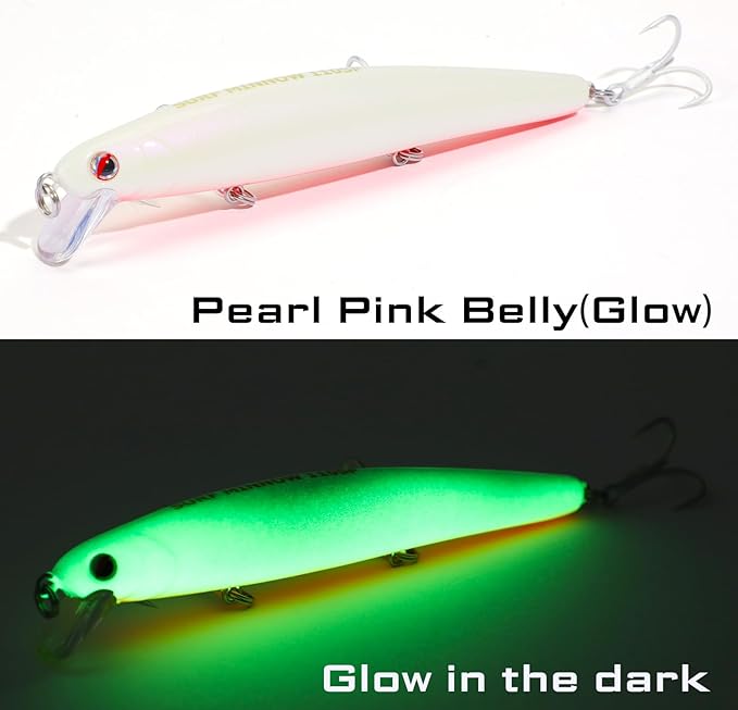 LITTMA California Surf Fishing Lures Saltwater Jerkbait Crankbait Surf Minnow 110/125 - Metallic Sardine Super Glow & Pearl Pink Belly Glow Lures for Halibut & Striper Fishing