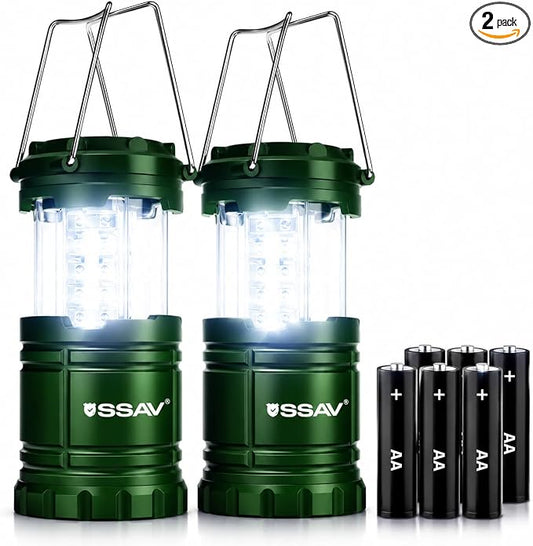 SSAV LED Camping Lantern, Emergency Lanterns for Power Outages & Hurricane Preparedness, Collapsible Portable Survival Lights for Camping, Storms & Emergencies, Batteries Included (2, Green)