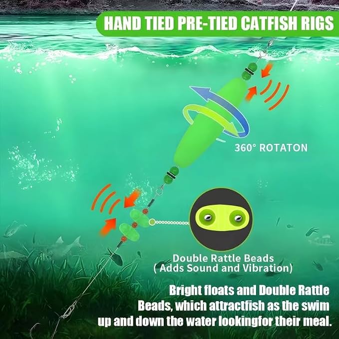 Catfish Float Rigs：Santee Rig Catfish Bait Floats Kit with Rattles & Noise - 8/0 Stainless Hooks for Monster Fish - Durable EVA Bobbers for Boat or Shore Fishing - Catfish Angler's Gift