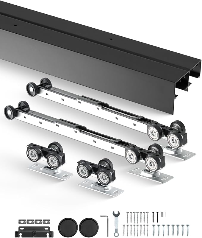 VEVOR Bypass Door Hardware, 8ft Heavy Duty Bypass Sliding Door Hardware Kit, Aluminum Alloy Sliding Closet Door Hardware Set with Finger Pulls, for 2 Door System, Fit Door Thickness 1 3/8" - 1 3/4"