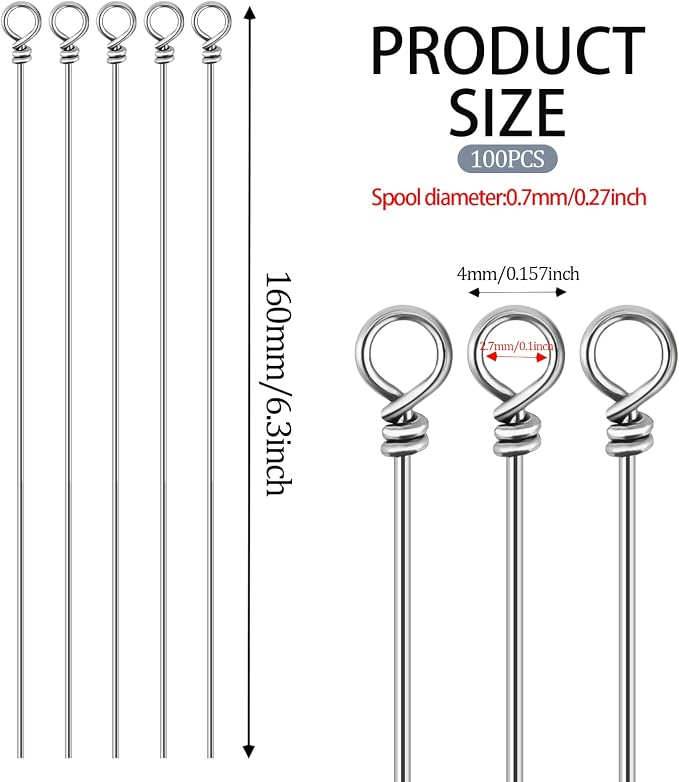 100 Pack Fishing Looped Spinner Shaft, Stainless Steel Spinner Bait Wire Fishing Lure Making Supplies - Lure Making Kit Rigs for Freshwater Bass, Trout, Walleye, Salmon, Catfish