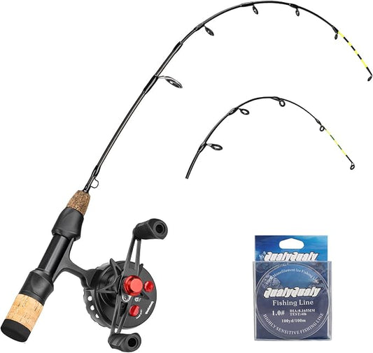 QualyQualy Ice Fishing Rod and Reel Combo 24 inch M/ML Inline Ice Fishing Combos 2 Different Tips for Walleye Perch Panfish and Trout