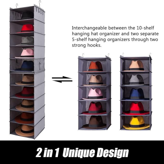 LADYBRO Hat Rack for Closet Hat Organizer 10 Shelf Organizer Fedora Trilby Hanging Storage Display Hanger Holder Caps Oxford Cloth Grey Space Saving