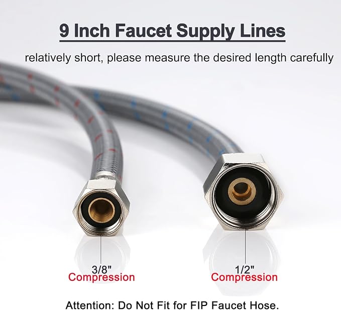 Faucet Supply Lines 3/8" Comp x 1/2" Comp Connector, ARCORA 9 Inch Length Bathroom Faucet Hose Braided Nylon Water Supply Line 3/8 Inch x 1/2 Inch Female Compression Connection 2Pcs (1 Pair)