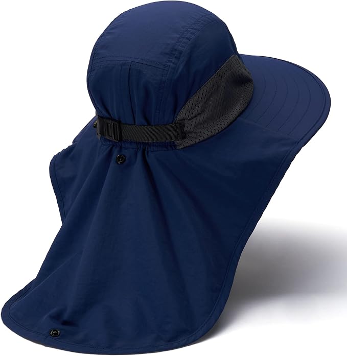 BASSDASH UPF 50+ Unisex Water Resistant Wide Brim Sun Hat with Large Neck Flap Ponytail Fishing Hat for Men Women