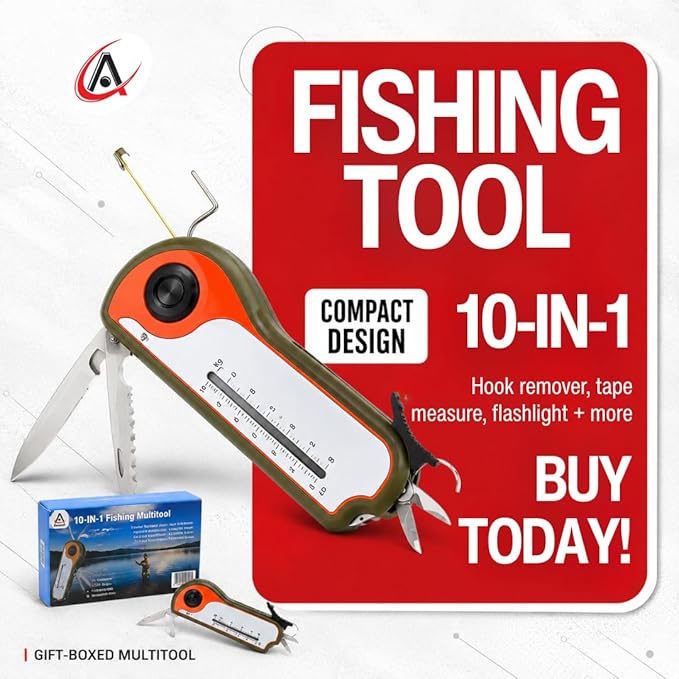Fisherman Gift Tool Fishing Multitool - Hook Remover, Scale Scraper, Tape Measure, Bait Cutter, Flashlight, Knife, Scissors, Weight Scale, Bottle Opener, Gift Idea for Men Women Kids