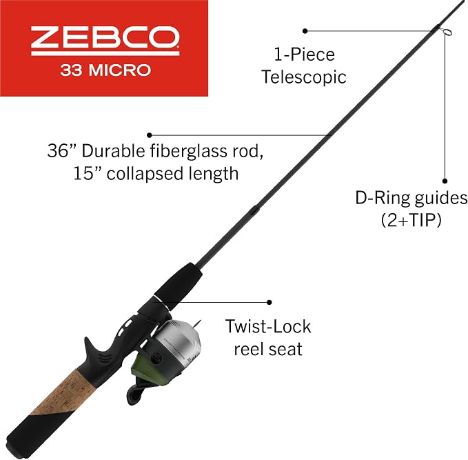 Zebco 33 Micro Adventure Spincast Reel and Fishing Rod Combo, 36-Inch Telescopic Rod, Ultra-Light Power, Moderate Action, Silver/Green