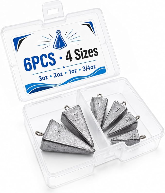 SANWEAL Pyramid Sinkers Fishing Weights, 6/14Pcs 4/6 Sizes 1oz-6oz Lead Fishing Sinkers for Surf Fishing, Anti-Roll Triangle Sinkers for Saltwater Freshwater Bottom Fishing, Catfish Pompano Rigs