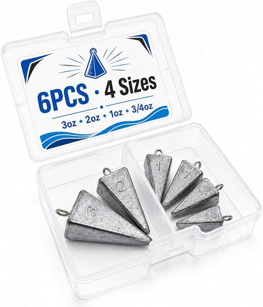 SANWEAL Pyramid Sinkers Fishing Weights, 6/14Pcs 4/6 Sizes 1oz-6oz Lead Fishing Sinkers for Surf Fishing, Anti-Roll Triangle Sinkers for Saltwater Freshwater Bottom Fishing, Catfish Pompano Rigs