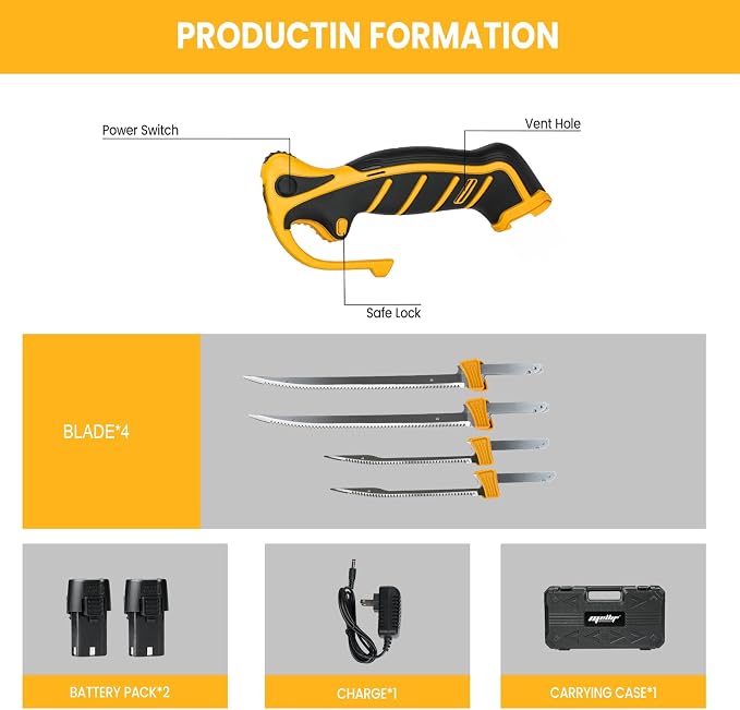 Mellif Electric Fillet Knife for Fish, 12V Cordless Fish Fillet Knife with 7" & 9.5" Sharp Blades, fillet knife for fish, Non-Slip Grip Handle, Safety Lock, 2 Rechargeable Batteries, Quick Charger & Carry Case for Fishing and Filleting