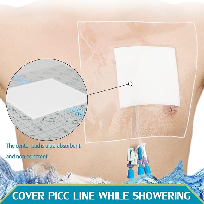 Waterproof Shower Protector Large Cover Shields for PICC Central Line Peritoneal Dialysis Chest Port Feeding Tube PD Catheter Accessories Bandages with Non-Stick Center Pad 12"x12"(Pack of 14)