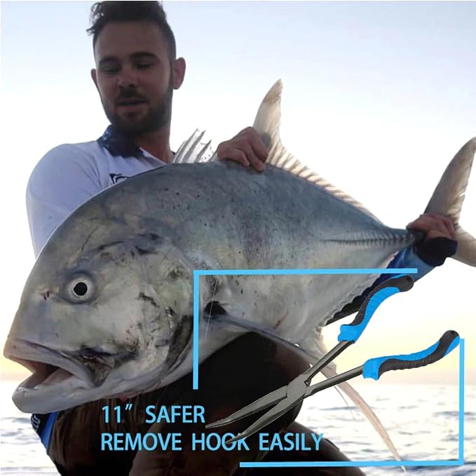 Long Nose Fishing Pliers Hook Remover Tools 11 Inches (Blue Black - Curved Needle Nose Pliers)