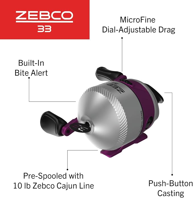 Zebco 33 Spincast Reel and Fishing Rod Combo, 6-Foot 2-Piece Fiberglass Rod with EVA Handle, Quickset Anti-Reverse Fishing Reel with Bite Alert