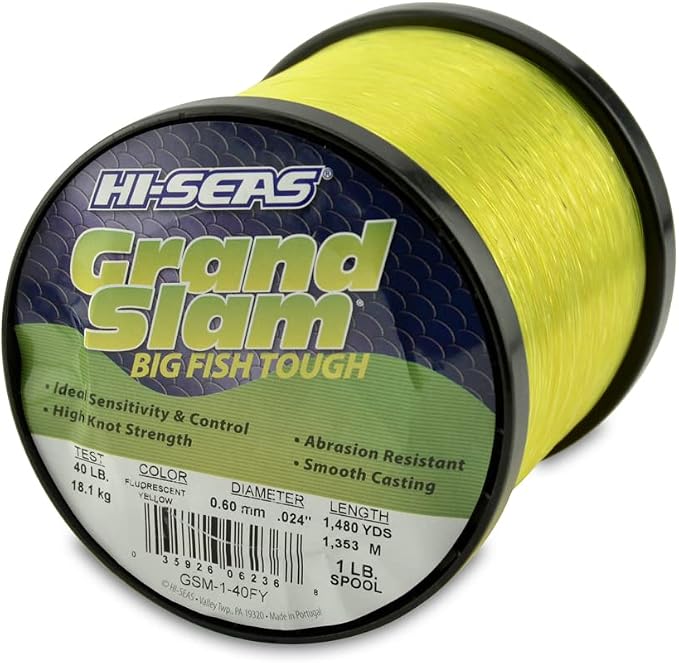 HI-SEAS Grand Slam Monofilament Fishing Line - Strong & Abrasion Resistant in Clear, Pink, Green, Smoke Blue, Fluorescent Yellow Freshwater & Saltwater - 1 lb Spool