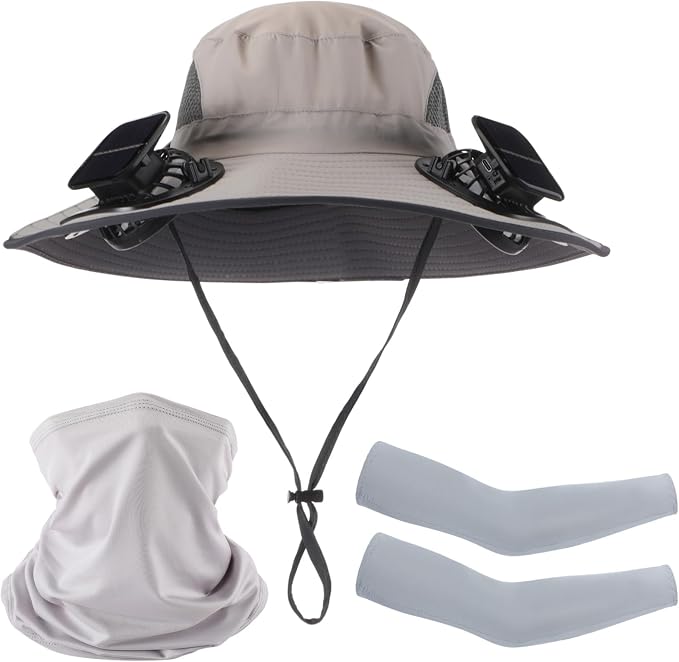 Syhood Solar Powered Fan Hat Neck Gaiter Arm Sleeves Sun Bucket Hat with Fan Cooling Wide Brim Hats for Fishing Hiking