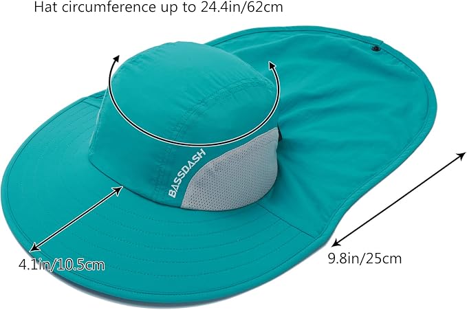 BASSDASH UPF 50+ Unisex Water Resistant Wide Brim Sun Hat with Large Neck Flap Ponytail Fishing Hat for Men Women