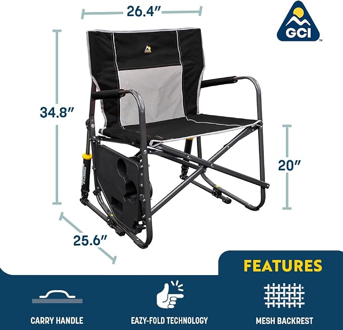 GCI OUTDOOR Freestyle Rocker XL with Side Table Camping Chair | Portable Folding Rocking Chair with Solid, Durable Armrests, Drink Holder & Comfortable Backrest — Red