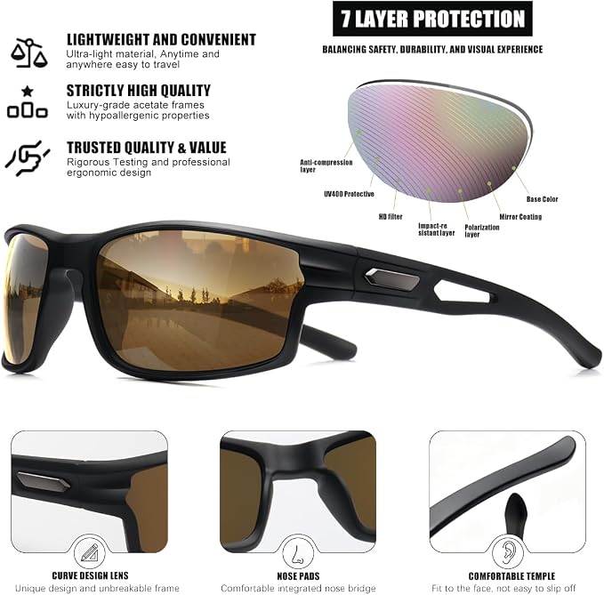 Polarized Sports Sunglasses for Men UV400 Protection, Lightweight Wrap Around Sun Glasses for Fishing Cycling Running