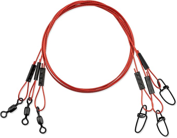 AFW Bleeding Leaders – Blood Red Nylon Coated 1x7 Stainless Steel Wire Fishing Leaders, Interlock Snap, for Toothy Fish, 20–30 lb Test, 12–18 inch, 3-Pack