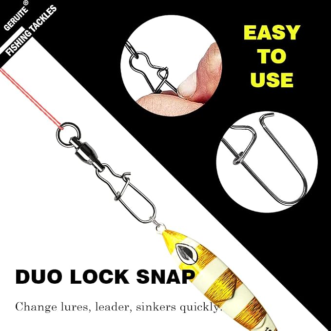 Duo Lock Snap Fishing Swivels Ball Bearing Fishing Tackle Snap Swivels Free Rotation Fishing Line Connectors Ball Bearing Swivels Black Nickel for Saltwater Freshwater Fishing
