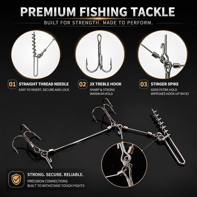 Eupheng 3pcs 3 Size Premium Pike Stinger Rig with Double Treble Hooks, Screw Rigging Kit with Sinker Weight for Soft Bait, Heavy-Duty Wire Leader
