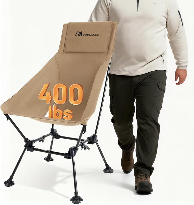 MOON LENCE Oversized High Back Camping Chair for Adults, Height Adjustable Folding Camp Chair | 400 lbs Capacity & 5.4 lbs Weight, Hidden Pillow Pocket Wide Seat for Camping Fishing Overlanding, Khaki
