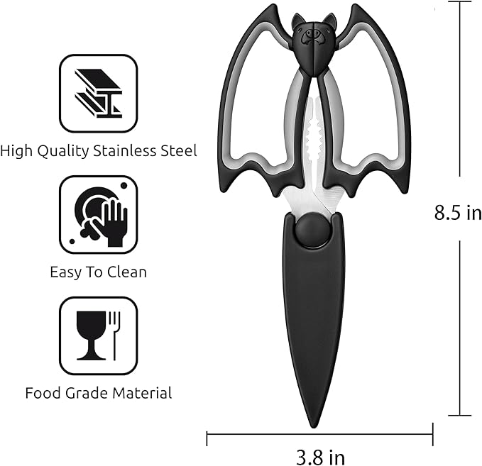 OMDAR Bat Kitchen Scissors All Purpose 2 Pack - Halloween Goth Cute Kitchen Shears - Heavy Duty Stainless Steel Cooking Shears for Cutting Meat, Food, Poultry - with Magnetic Blade Guards