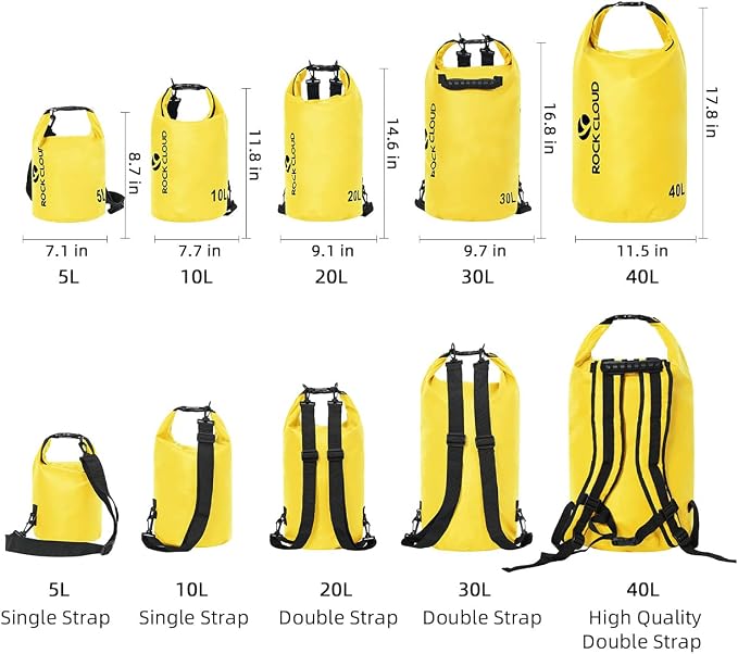 ROCK CLOUD Dry Bag Waterproof 5L Dry Sack for Kayaking Rafting Boating Beach Surfing Swimming Canoe Camping Hiking Fishing Ski, Yellow