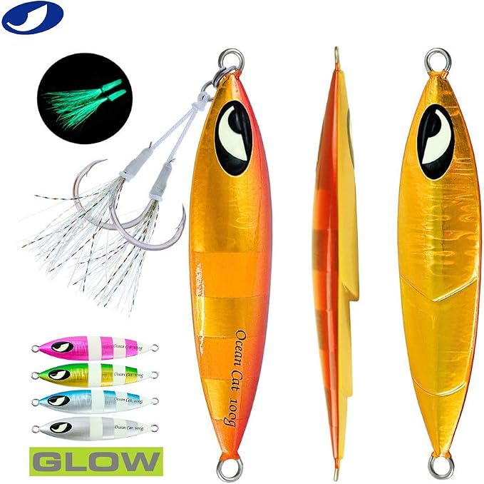 OCEAN CAT Lead Metal Flat Slow Fall Pitch Fishing Jigs Lures Sinking Vertical Jigging Bait with Butterfly Hook for Saltwater Fishing