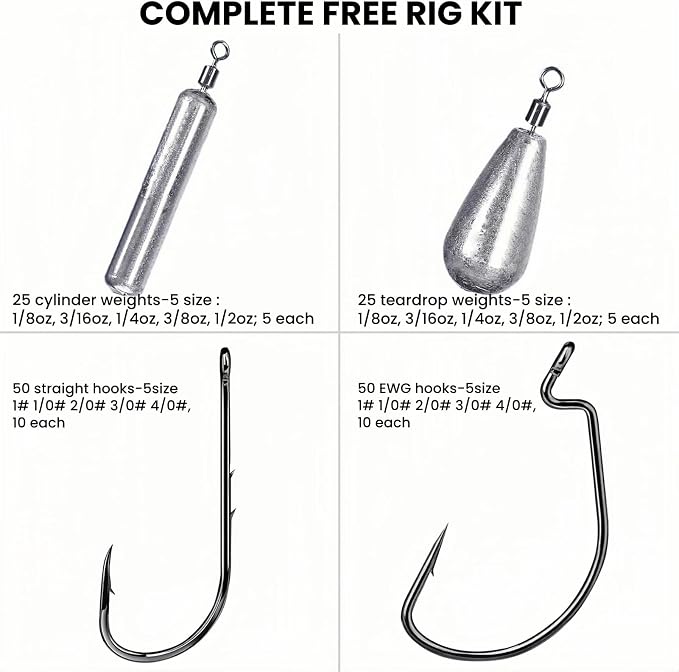 Free Rig Fishing Kit, 50pcs Cylinder＆Teardrop Weights (Size 1/8oz,3/16oz,1/4oz,3/8oz, 1/2oz, 5 Each), 100pcs Offset Hooks＆Straight Hooks (Size 1#,1/0#,2/0#,3/0#,4/0#,10 Each) for Bass Fishing