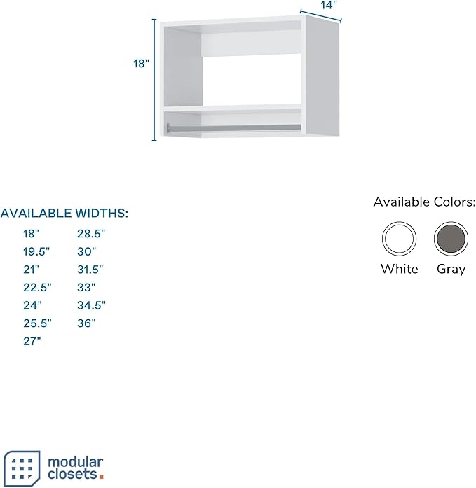 MC Modular Closets Vista Collection Tall Hanging Closet Organizer with Rod and Shelf (White, 36 Inches Wide)