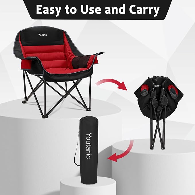 Youtanic Oversized Extra Large Padded Camping Chair, up to 400lbs, Folding Camping Chairs with Side Pocket, Carry Bag, Heavy Duty Outdoor Camp Chairs for Adults, Fishing, Sports, Trip, Red-Black