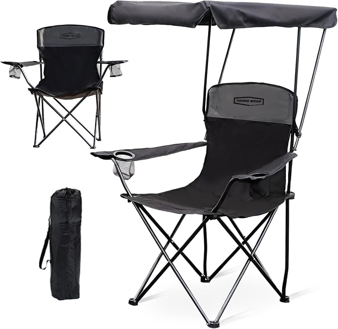 YOUNG WOOD Portable Camping Chair Beach Chair with Shade Canopy, Fold Lightweight Oversized for All, Easy to Open and Close Without Installation, Side Pocket Design for All Outdoor Activities，Black