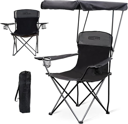 YOUNG WOOD Portable Camping Chair Beach Chair with Shade Canopy, Fold Lightweight Oversized for All, Easy to Open and Close Without Installation, Side Pocket Design for All Outdoor Activities，Black