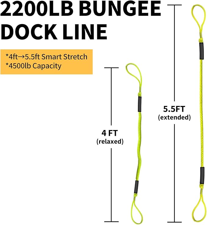 2-Pack Bungee Dock Lines for Boats with Loops, Boat Tie Downs for Docking, Adjustable Boat Mooring Rope for Pontoon, Jon Boat & PWC (Fluorescent Yellow, 4 FT)