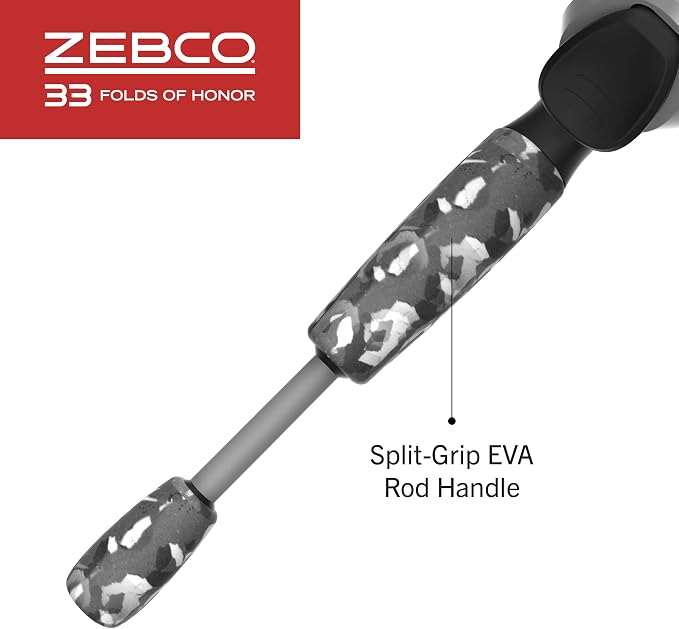 Zebco 33 Folds of Honor Spincast Reel and 2-Piece Fishing Rod Combo, 6-Foot Fiberglass Rod, Quickset Anti-Reverse Fishing Reel with Bite Alert, 1 Dollar Donated to Folds of Honor Foundation,Grey/Black