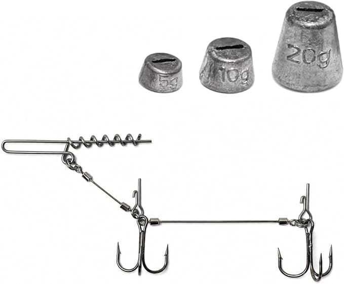 Eupheng 3pcs 3 Size Premium Pike Stinger Rig with Double Treble Hooks, Screw Rigging Kit with Sinker Weight for Soft Bait, Heavy-Duty Wire Leader