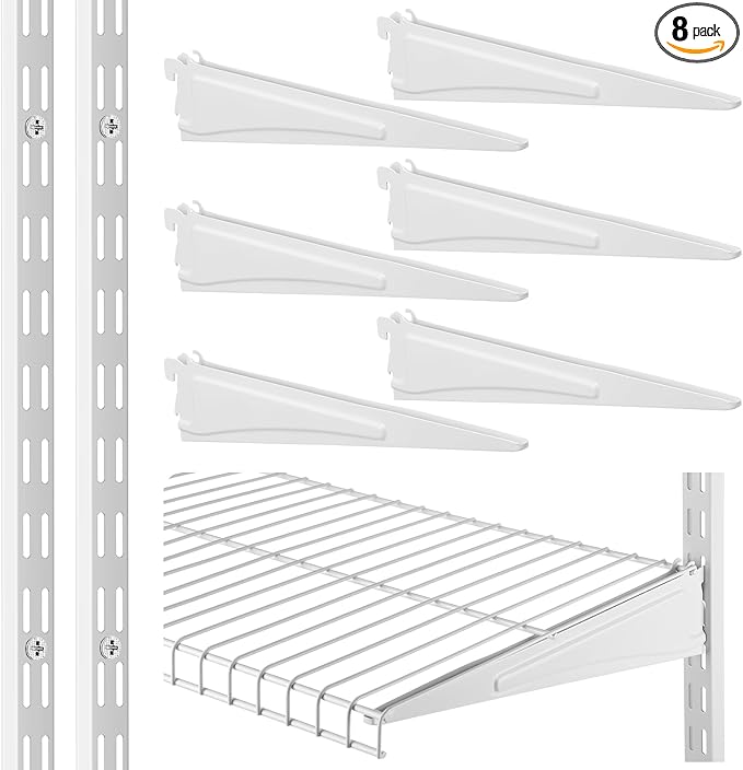 47.5 Inch Twin Rail Upright Wall Shelving System with 16 Inch Locking Shelf Bracket Adjustable Closet System Heavy Duty Metal Support for Deep Wire Shelving Closet (8 Pcs)