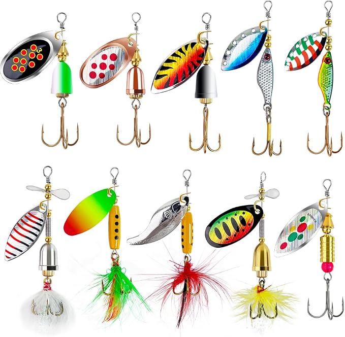 TB Tbuymax Fishing Spinner Baits for Freshwater and Saltwater, 10pcs Rooster Tail Fishing Lures & Spinning Spoons, Hard Metal Baits for Bass Trout Salmon with 2 Tackle Boxes