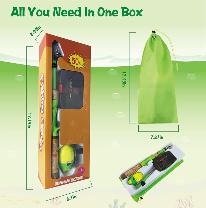 Kids Rod Set, Kids Fishing Rod and Reel Combo and Fishing Net Tackle Box with Fishing Lure Hook and Bag for Girls Beginners, Kids, Youth Anglers