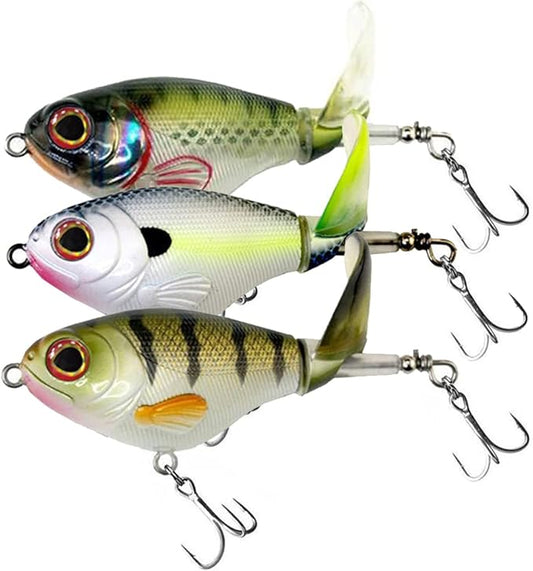 Topwater Fishing Lures 3pcs Fishing Bait Kit Bass Fishing Lure with Floating Rotating Tail Trout Pike Perch Swimbaits AH7517 2.95in Saltwater Plopper Bait Teasers Gift for Men Musky Lures