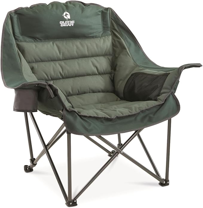 Guide Gear Oversized Extra Large Padded Camping Chair, Portable, Folding, Large Camp Lounge Beach Chairs for Outdoor, Adults, Men and Women, Heavy-Duty 400 Pound Capacity, with Cup Holder Green