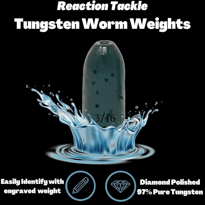 Reaction Tackle Tungsten Worm Weights for Bass Fishing - Bullet Shaped Sinkers/Fishing Weights - for Texas Rig and Carolina Rig/Size Stamped