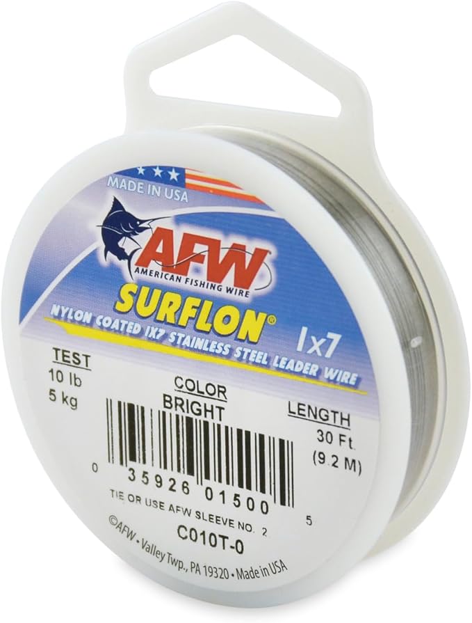 American Fishing Wire Surflon Nylon Coated 1x7 Stainless Steel Wire Leader - Wire Fishing Leader Line for Saltwater 10lb Up To 250lb Test in Bright, Black, Camo in 30ft, 100ft, 300ft, & 1000ft Lengths