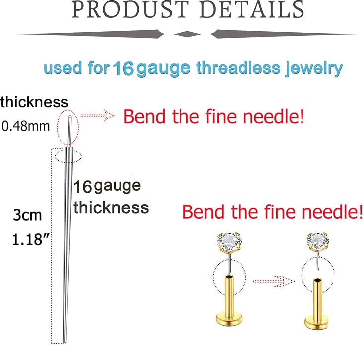 QWALIT Piercing Taper Threadless Insertion Tool - Titanium Labret Pin 16g, 18g, 20g