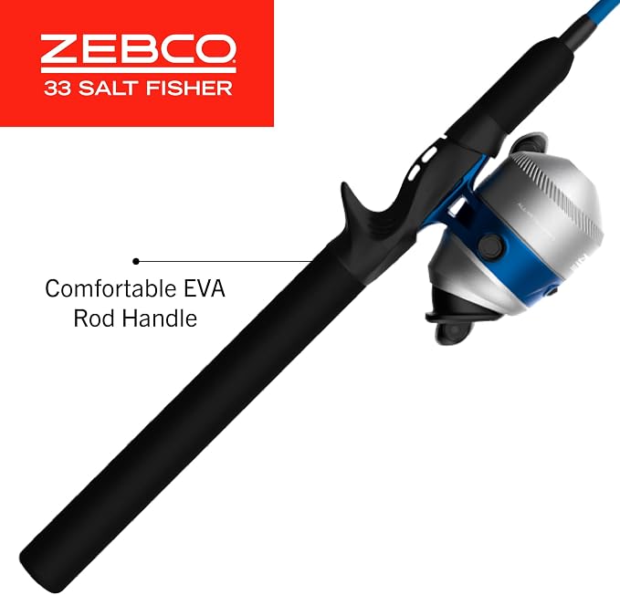 Zebco Salt Fisher 33 Spincast Reel and Fishing Rod Combo, 6-Foot 6-Inch 2-Piece Medium-Heavy Power, Moderate-Fast Action Fiberglass Rod, Interchangeable Retrieve, 12-Pound Line, Blue/Silver