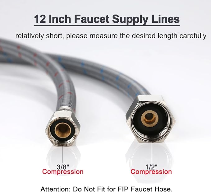 Faucet Supply Lines, 12" Length Bathroom Kitchen Faucet Connector Braided Nylon Water Supply Line 3/8" Comp x 1/2" Comp 2Pcs (1 Pair)